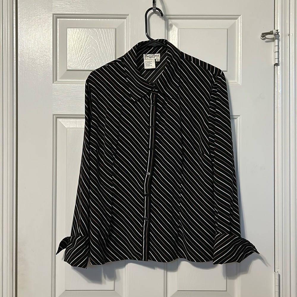 Fred David Stretch Size XL Black with brown and white stripes Women's blouse